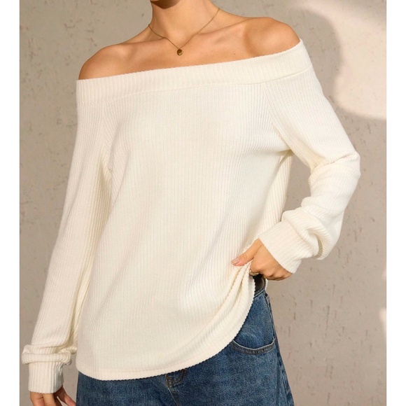 Solid Teal Green Off shoulder Loose Fit Long sleeve Top - Picture 5 of 8